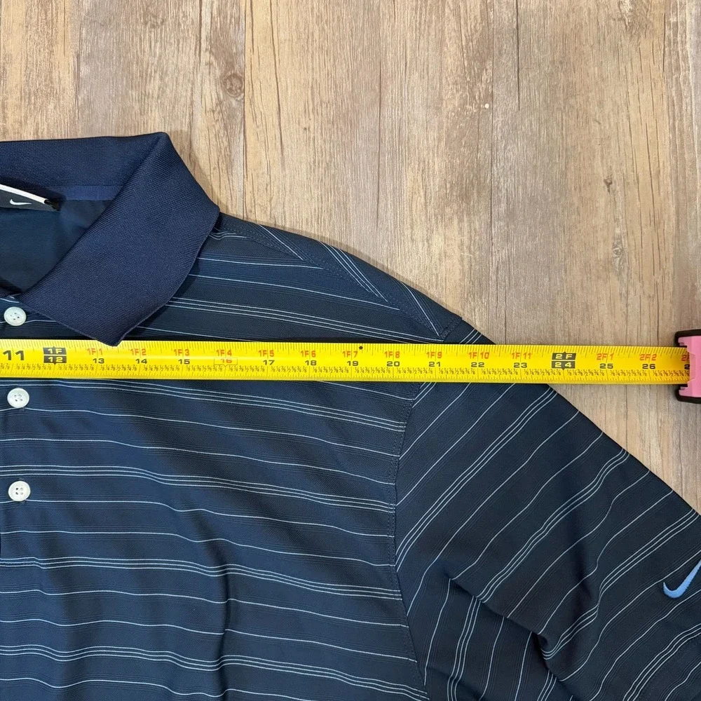 Nike Fit Dry Golf Polo Shirt Mens XL Navy‎ Blue Striped Logo Performance Tennis